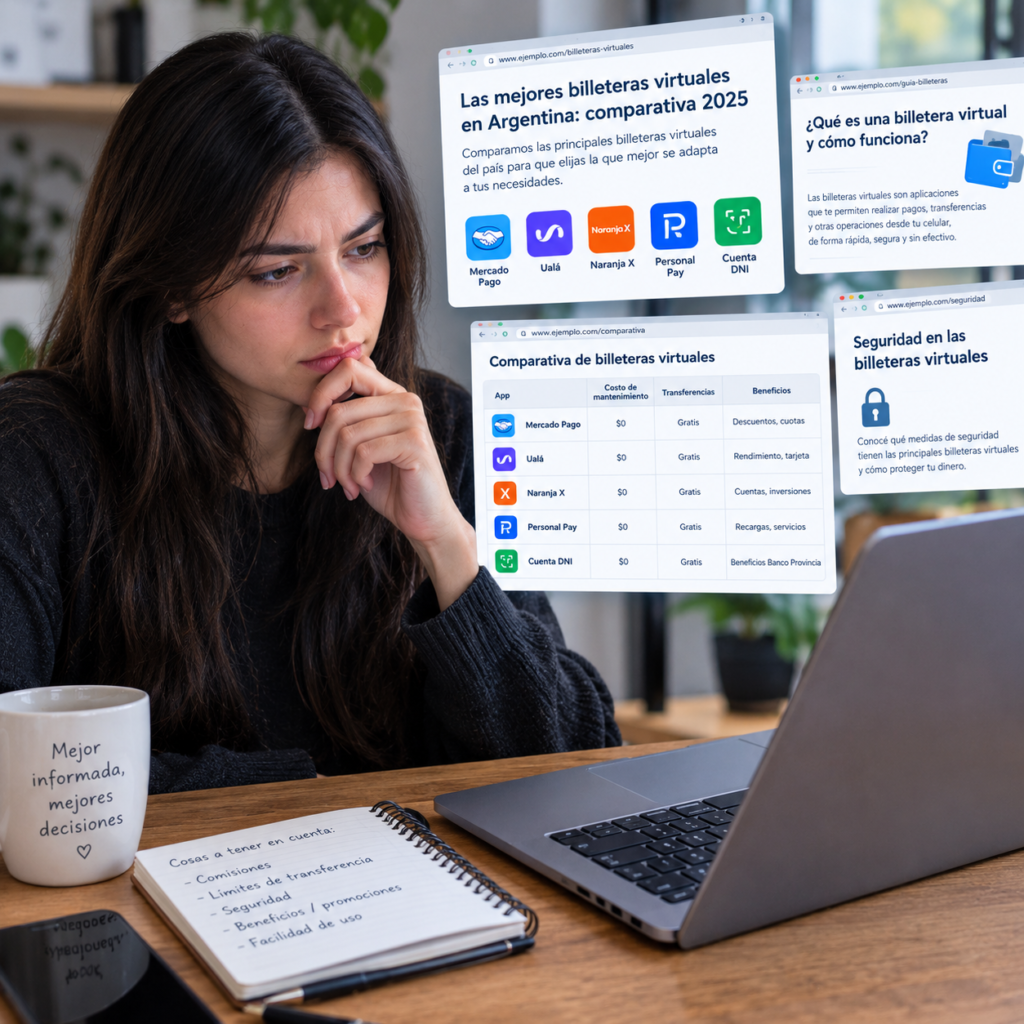 Mujer leyendo articulos sobre billeteras virtuales